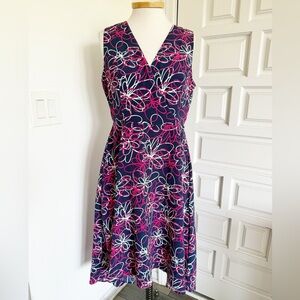 DKNY Midi Sundress Blue Pink White Floral V-Neck Sleeveless High-Low Size 10